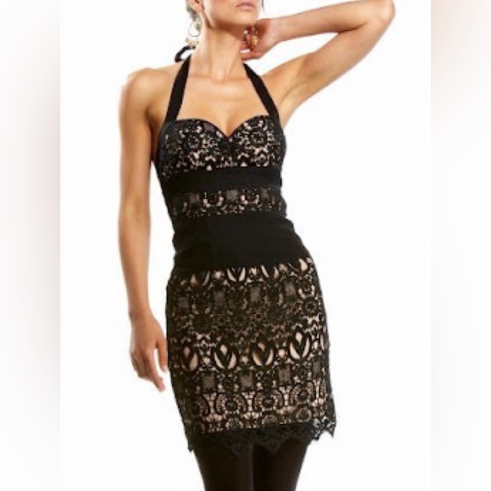 Bebe Y2K Black Lace Silk Sleeveless Halter Dress Womens Size M Whimsigoth Club